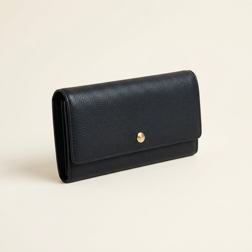 The Ledger Wallet in Ink — slim continental lychee-grain wallet with gold-tone snap