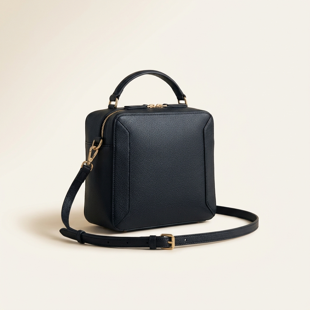 The Sovereign Carryall in Ink — structured lychee-grain crossbody bag with gold-tone hardware