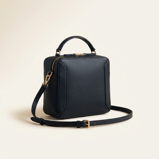 The Sovereign Carryall in Ink — structured lychee-grain crossbody bag with gold-tone hardware