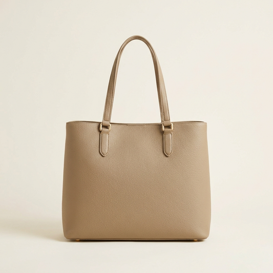 The Meridian Tote in Taupe — structured lychee-grain tote bag with gold-tone hardware