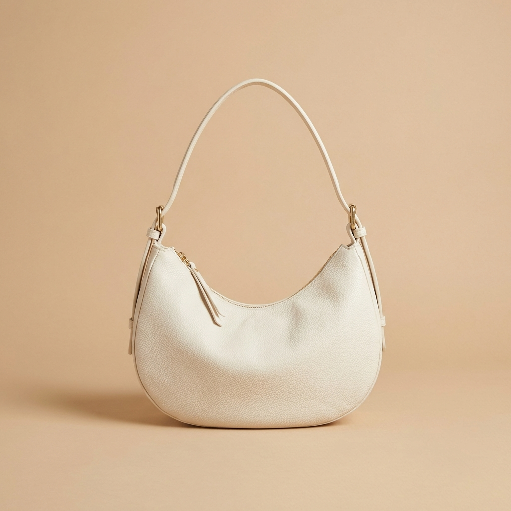 The Crescent Shoulder Bag in Ivory — soft half-moon lychee-grain shoulder bag with gold-tone hardware