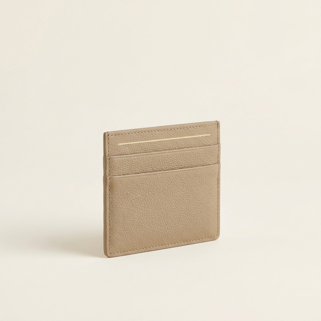 The Vesper Card Case in Taupe — slim lychee-grain card holder with gold-tone detail