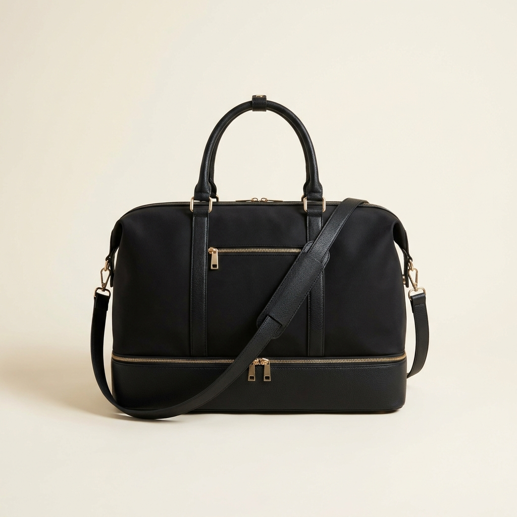 The Voyage Weekender in Ink — structured travel bag with lychee-grain trim and gold-tone hardware