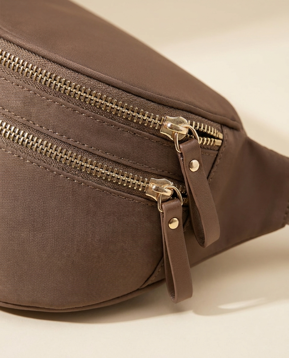 The Crescent Shoulder Bag — detail of double gold-tone zippers and leather pulls