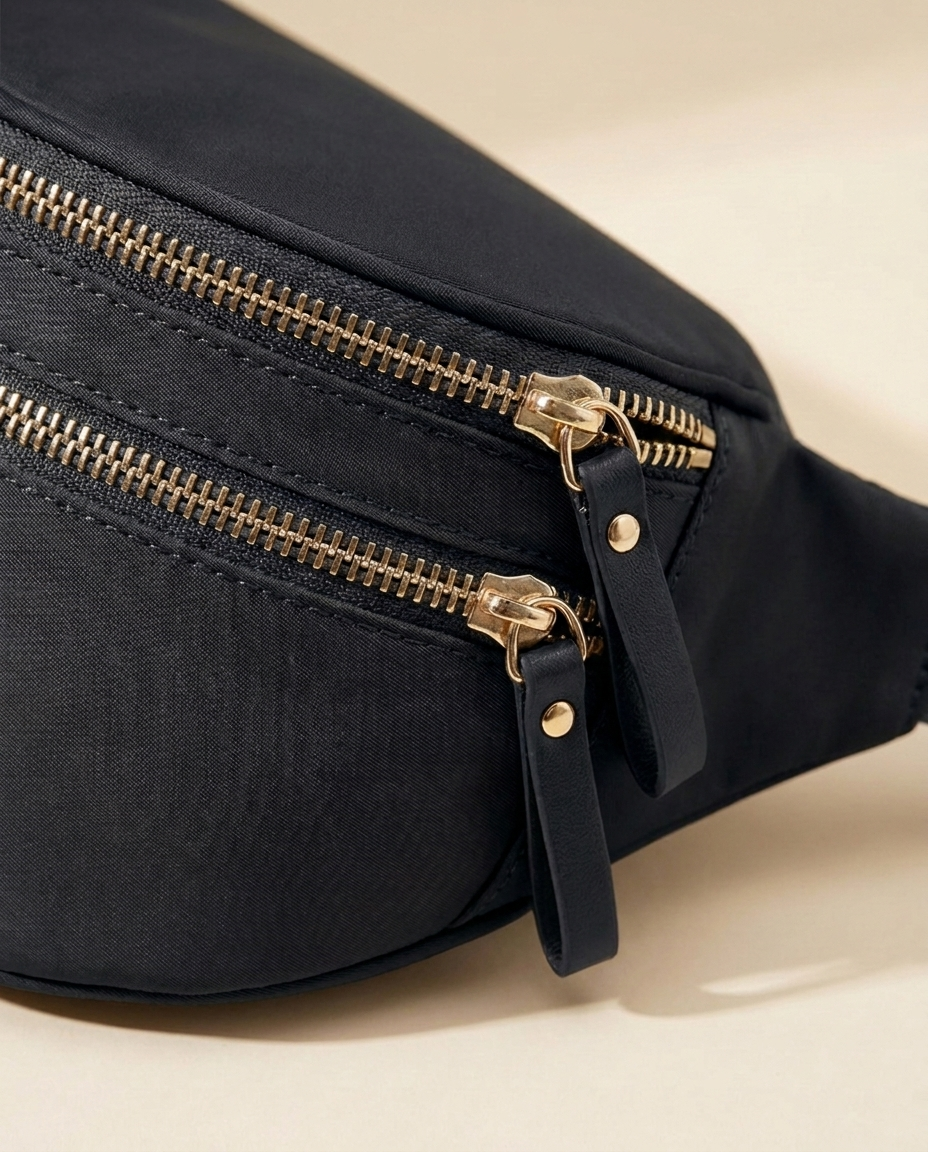 The Crescent Shoulder Bag in Ink — detail of double gold-tone zippers