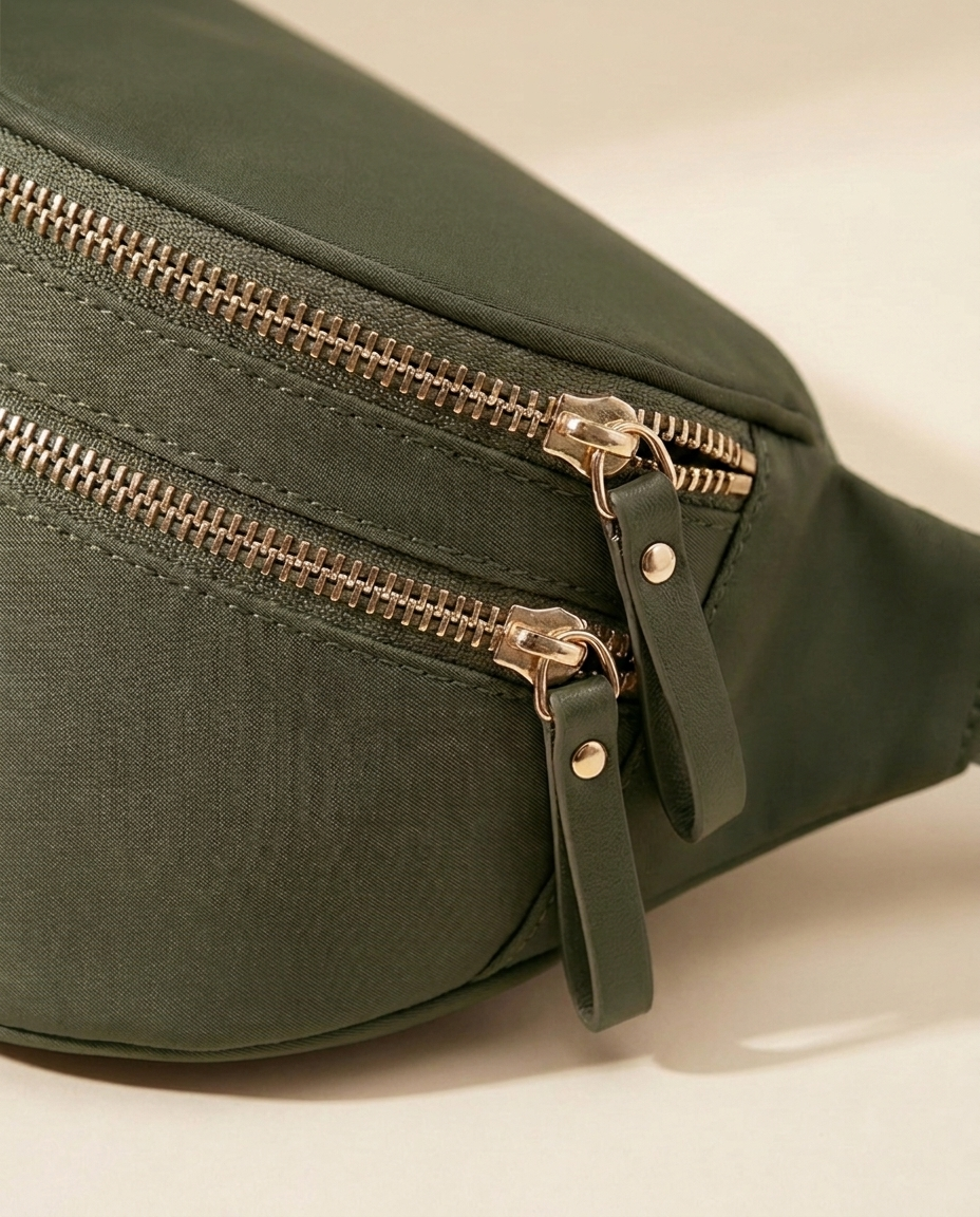The Crescent Shoulder Bag in Forest — detail of double gold-tone zippers