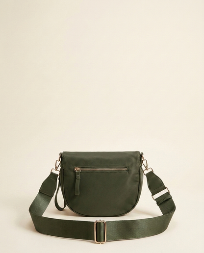The Crescent Shoulder Bag in Forest — back view with hidden zip pocket