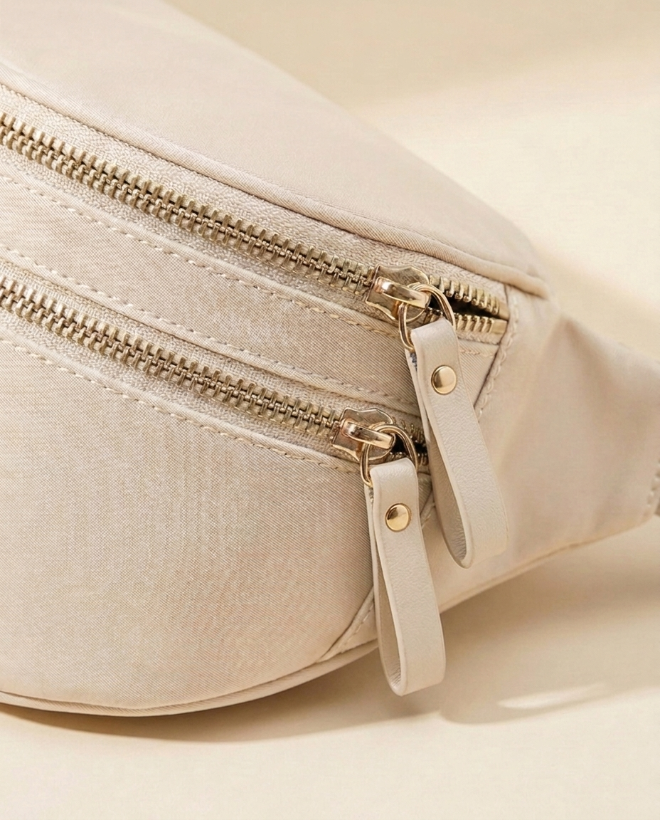 The Crescent Shoulder Bag in Sand — detail of double gold-tone zippers