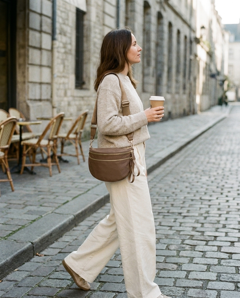 The Crescent Shoulder Bag in Taupe — worn crossbody, street style