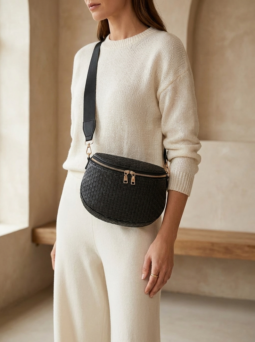 Louane Woven Saddle Bag - worn crossbody