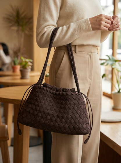 Vivienne Suede Woven Tote - carried in hand