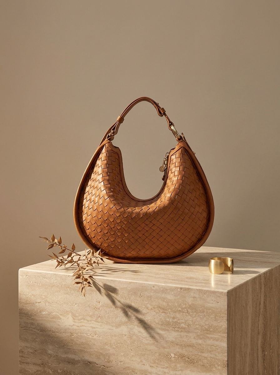 Céleste Leather Crescent Bag - Caramel - still life