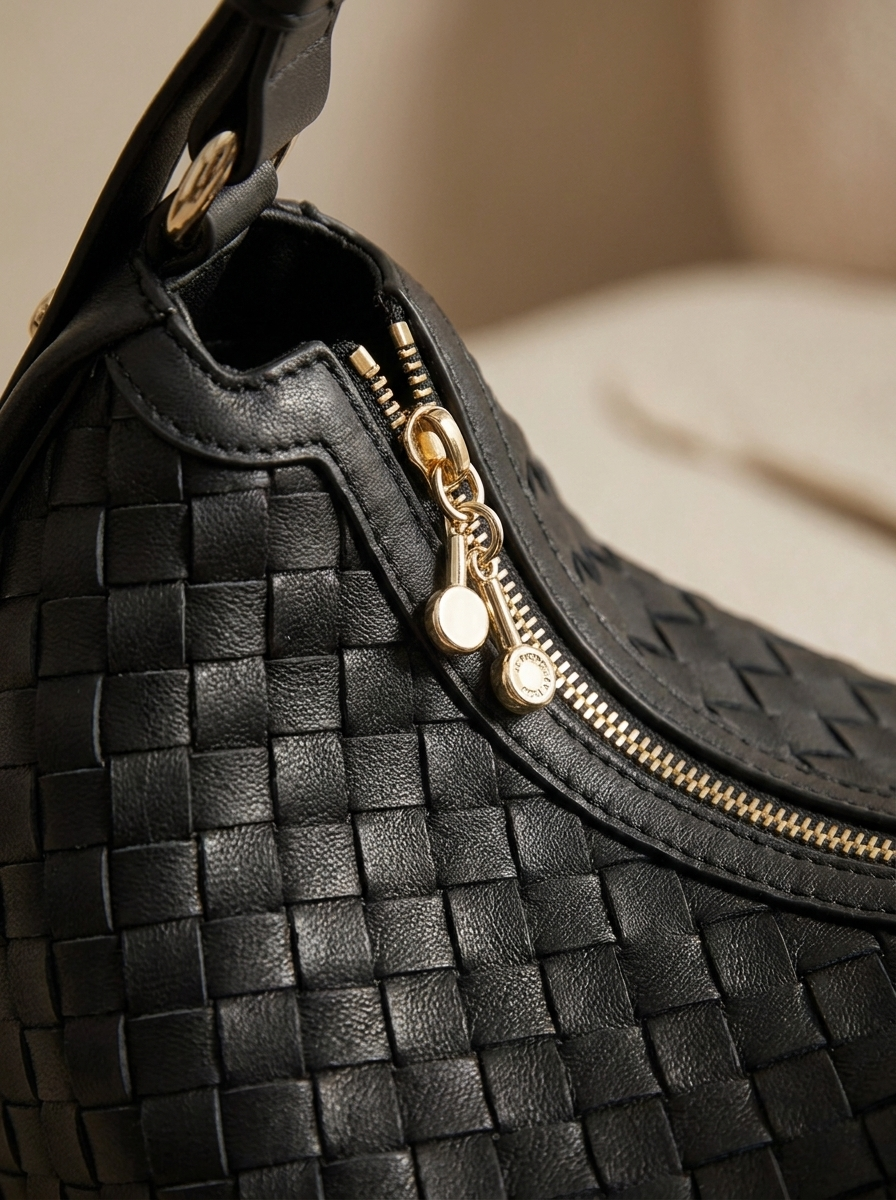 Céleste Leather Crescent Bag - gold zip hardware close-up