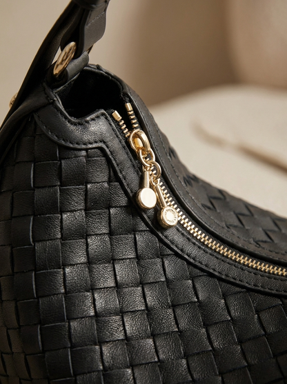 Céleste Leather Crescent Bag - gold zip hardware close-up