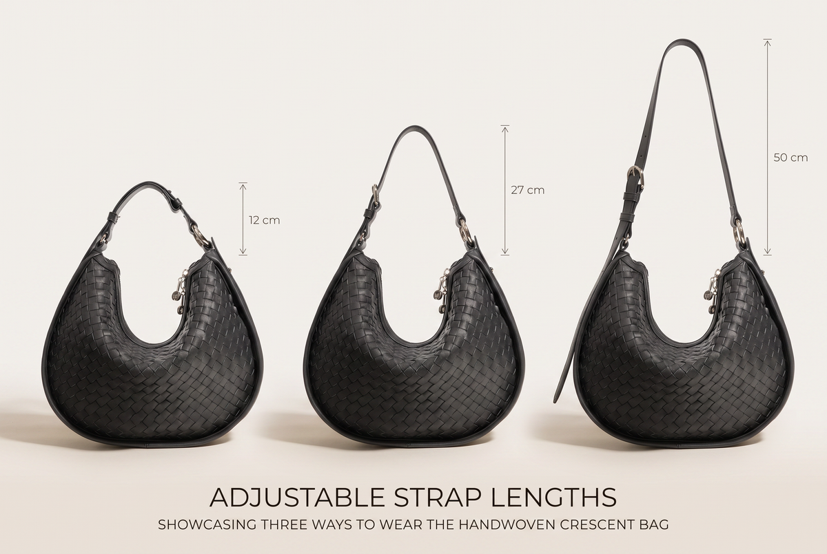 Céleste Leather Crescent Bag - adjustable strap drop 12cm 27cm 50cm