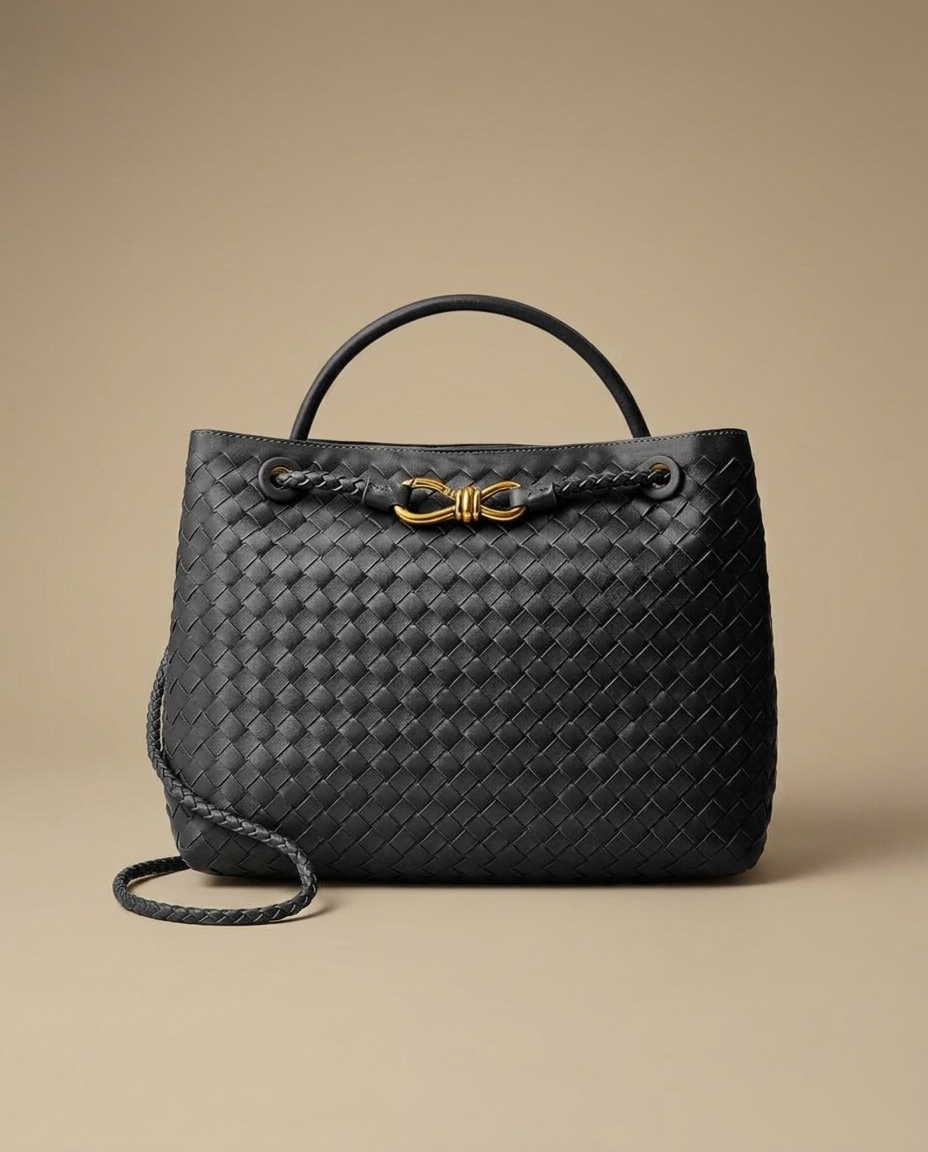 Camille Woven Handbag by Aurevy on a warm sand studio backdrop