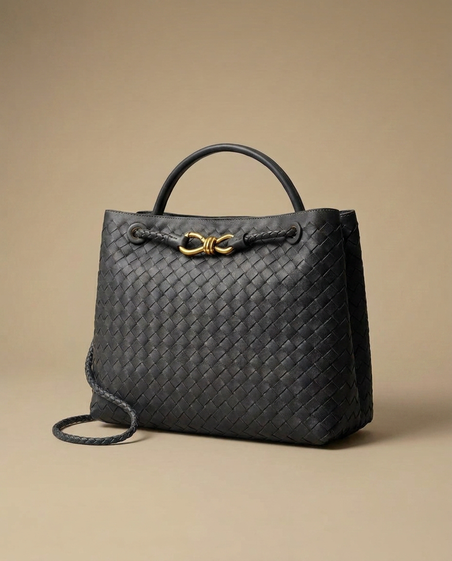 Camille Woven Handbag by Aurevy, three-quarter angle on a warm sand studio backdrop